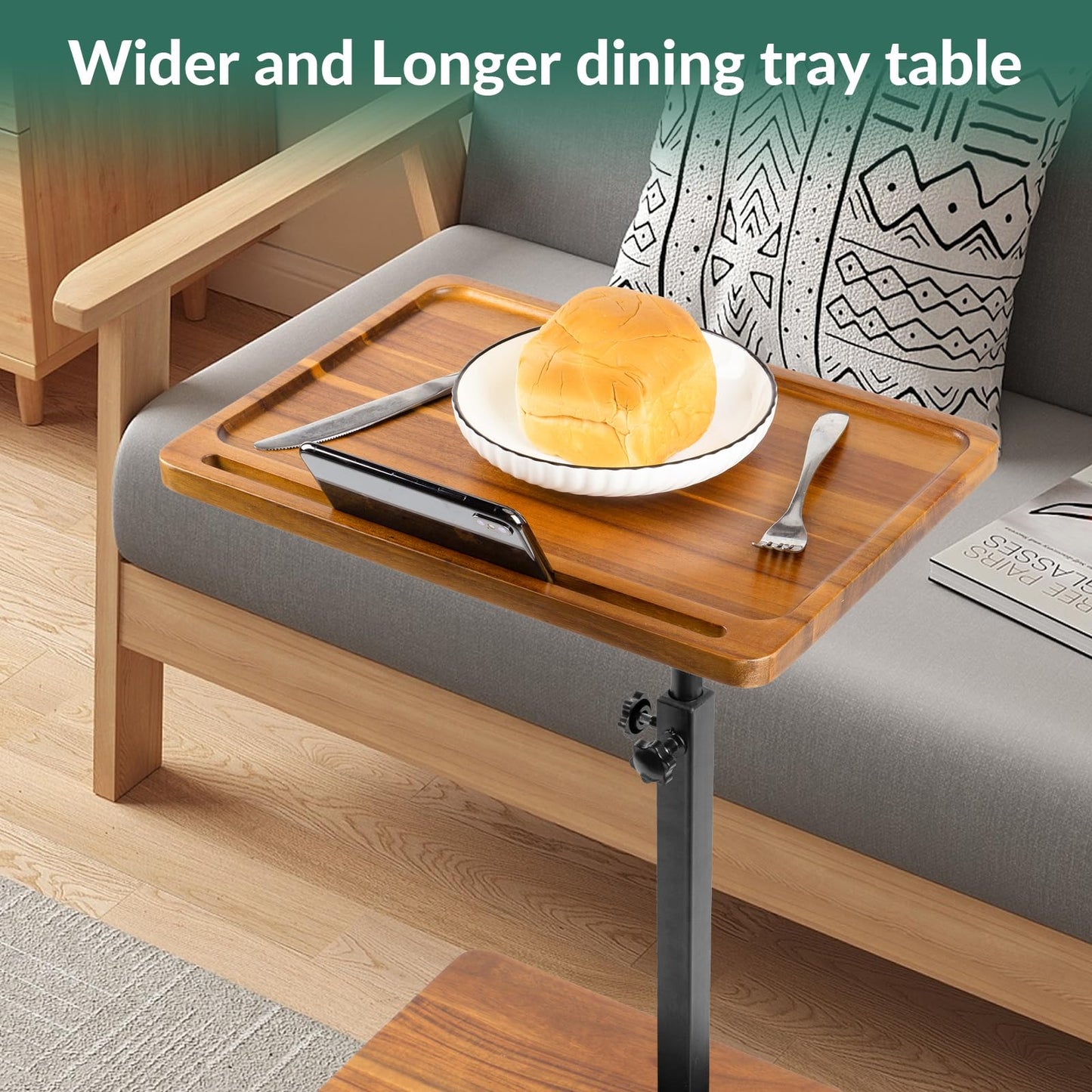 LVETOLS Solid Wood Acacia Wood Couch Table,360° Swivel Height Adjustable C Table with Phone & Tablet Slot,TV Trays for Eating on Couch, Bedroom or Livingroom, Oblong