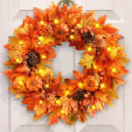 Fall Decor - Fall Wreaths for Front Door, 20 Inch Autumn Wreath with Pumpkins Maple Leaves for Harvest Home Outdoor Thanksgiving Decor