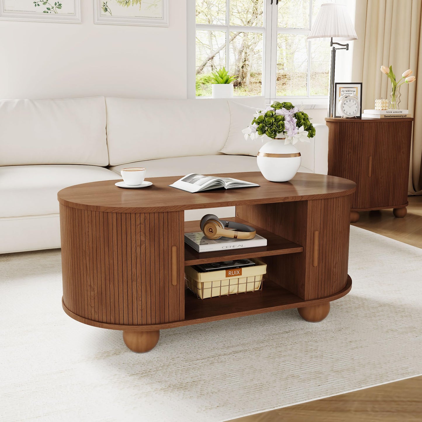 Rectangle Coffee Table, Mid-Century Modern Coffee Table with Storage & Sliding Doors, Fluted Coffee Table Center Table for Living Room, Dining Room, Apartment, Home Office (Walnut)