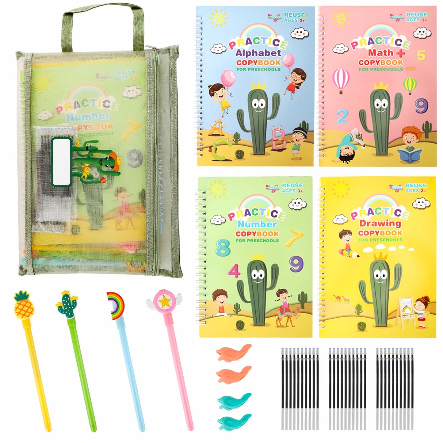 Premium Grooved Handwriting Practice for Kids, Reusable Children's Magic Copybook with Pencil Grips and Pouch, Large Size Calligraphy Workbooks Kit for Pre-School, Kindergarten(30 Refills)