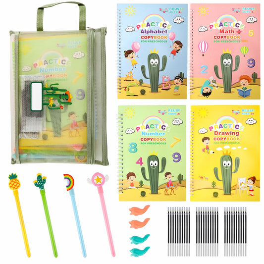 Premium Grooved Handwriting Practice for Kids, Reusable Children's Magic Copybook with Pencil Grips and Pouch, Large Size Calligraphy Workbooks Kit for Pre-School, Kindergarten(30 Refills)