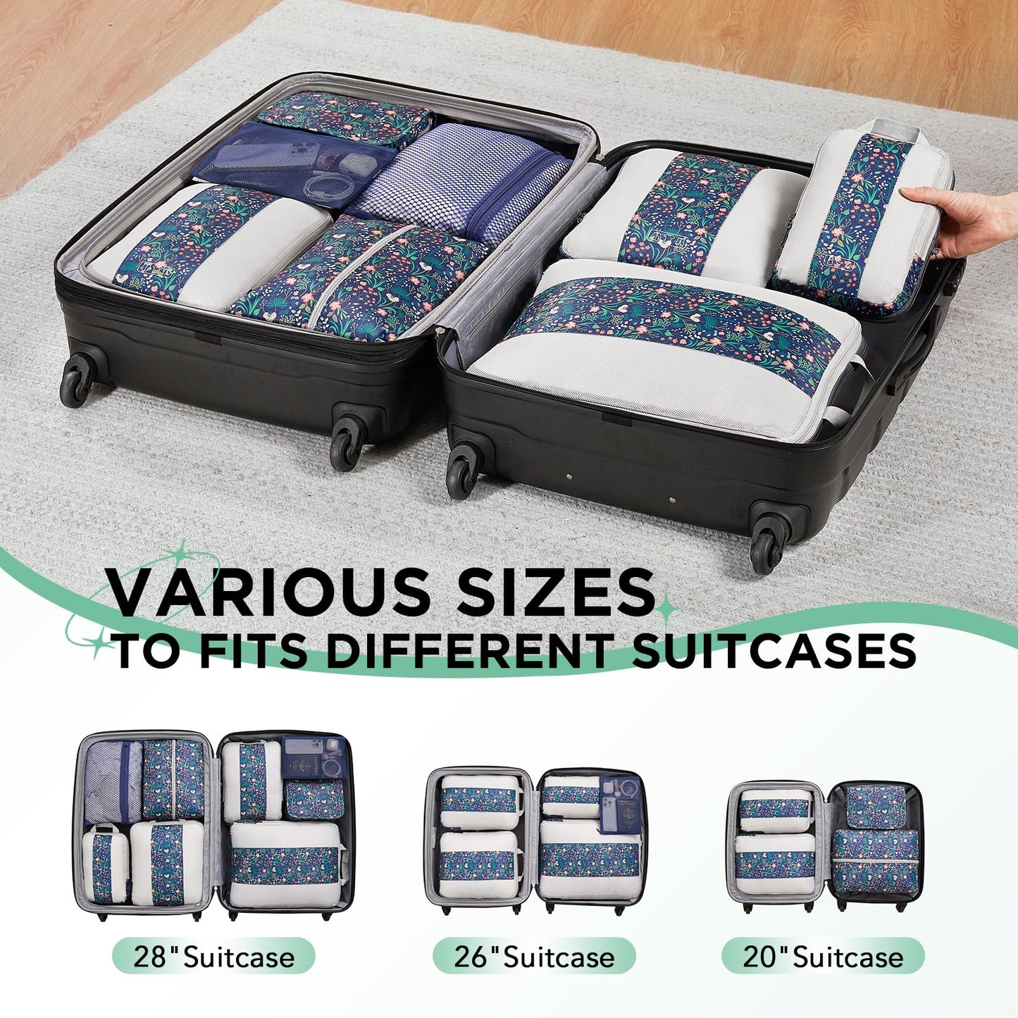 8 Set Compression Packing Cubes for Travel Essentials,Compressible Expandable Packing Cubes for Suitcase,OlarHike Luggage Organizer Bags,Handy Helper for Organizing Clothes(Dark Blue Floral)