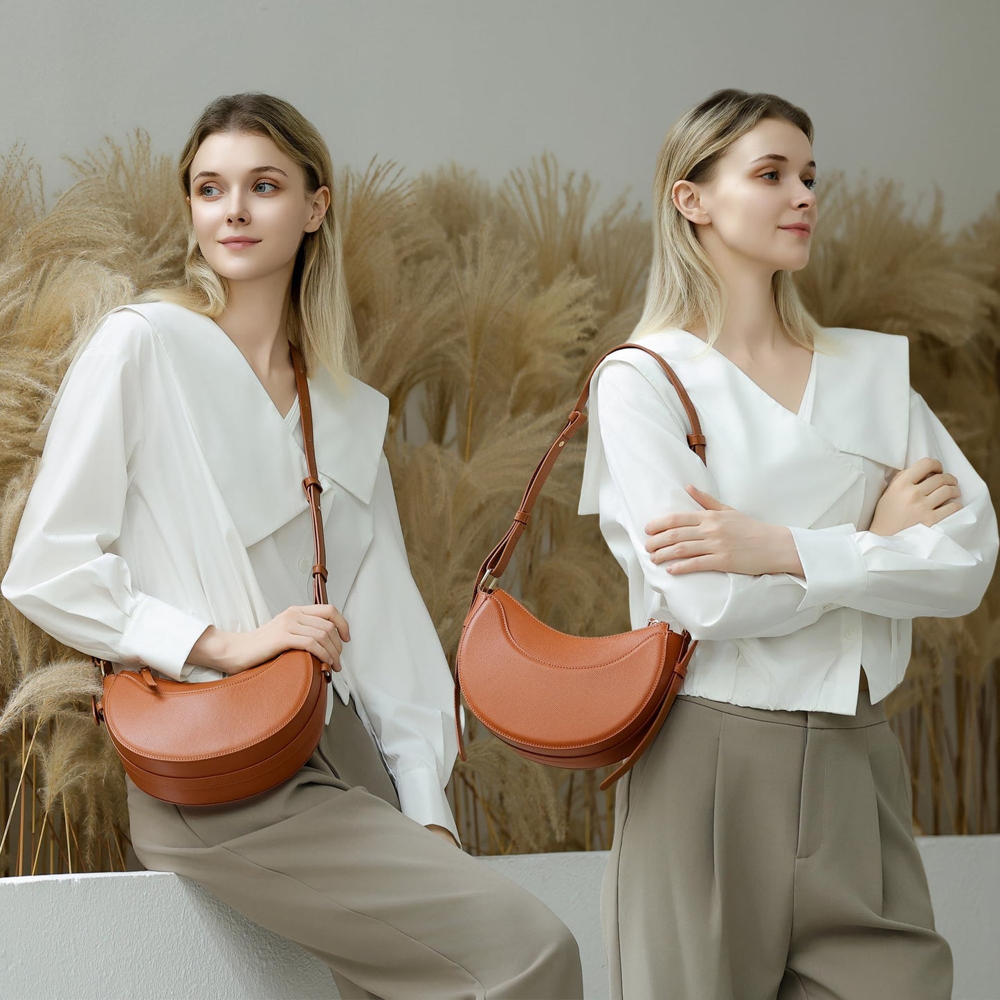 Herald Small Leather Crossbody Bag for Women, Designer Crescent Shoulder Purse Handbag with Adjustable Strap & Tassel (Brown)