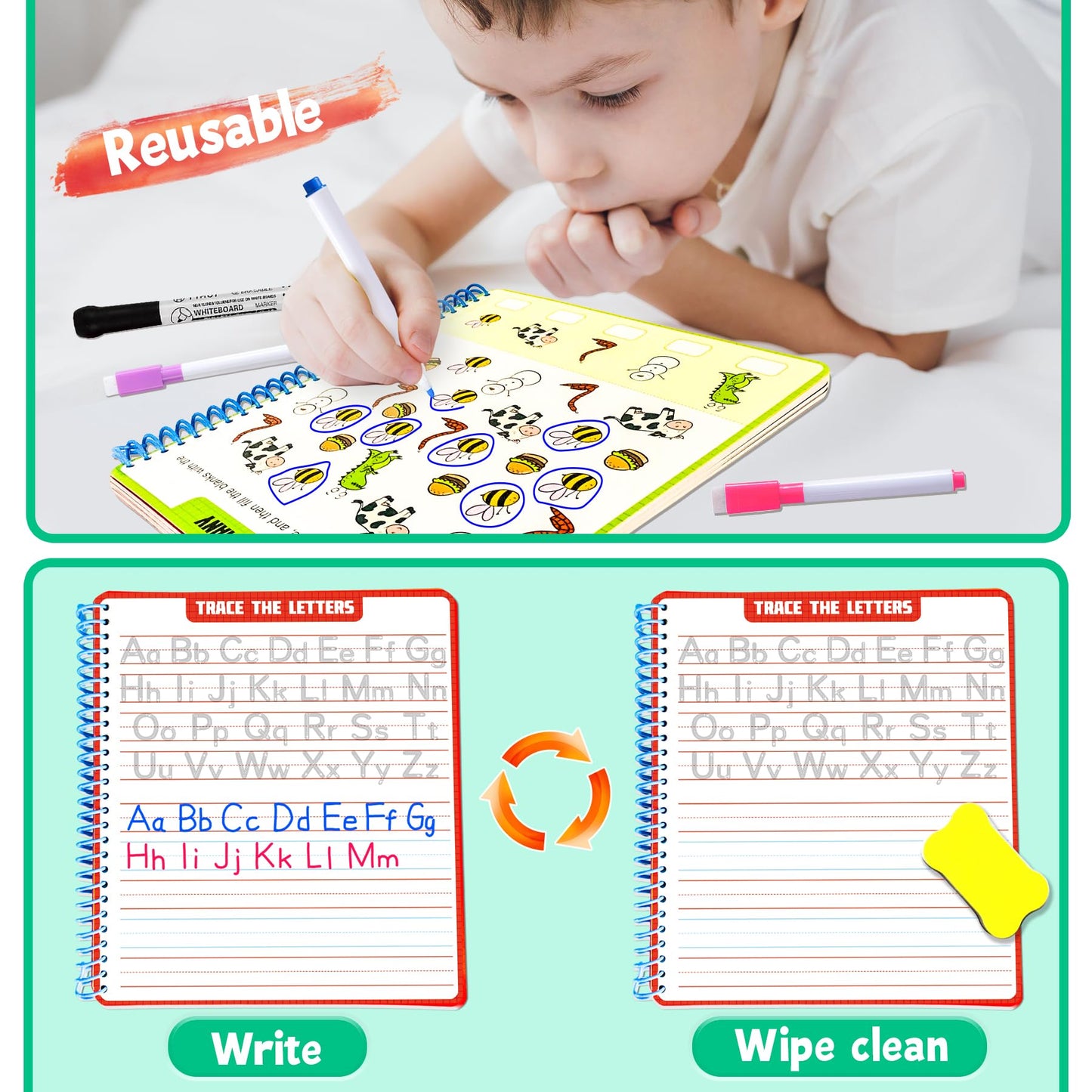 HOQEEWIPE Preschool Learning Activities - 60 Reusable Cards, Pre-K Kindergarten Workbook, Autism Supplies Montessori Educational Game, Sight Words & Handwriting Practice Book for Kids Ages 3 4 5 6