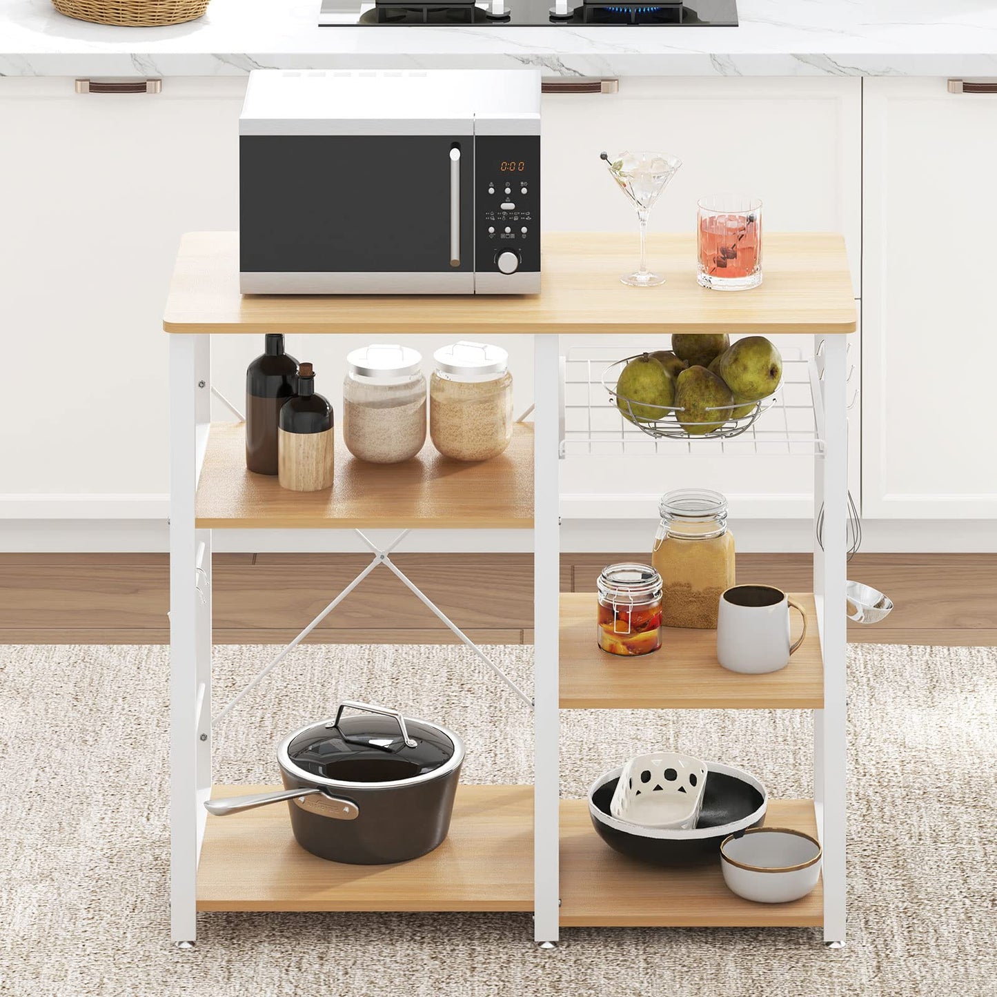 soges Kitchen Bakers Rack with 5 Hooks, Microwave Stand, Coffee Bar Station, Industrial Storage Shelf with Wire Basket, Adjustable Feet, Sturdy Metal Frame for Kitchen, Pantry, Living Room, White Oak