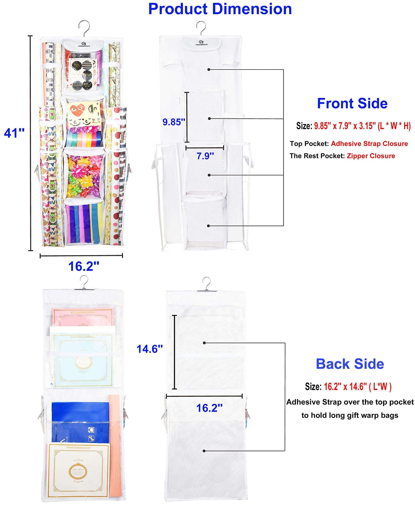 Double Sided Hanging Gift Wrap Organizer | Large 16" x 41" Wrapping Paper Rolls Storage Bag | Tearproof & Space Saving Closet Gift Bag Organization Solution | Sturdy Zippers & Robust Adhesive Strip