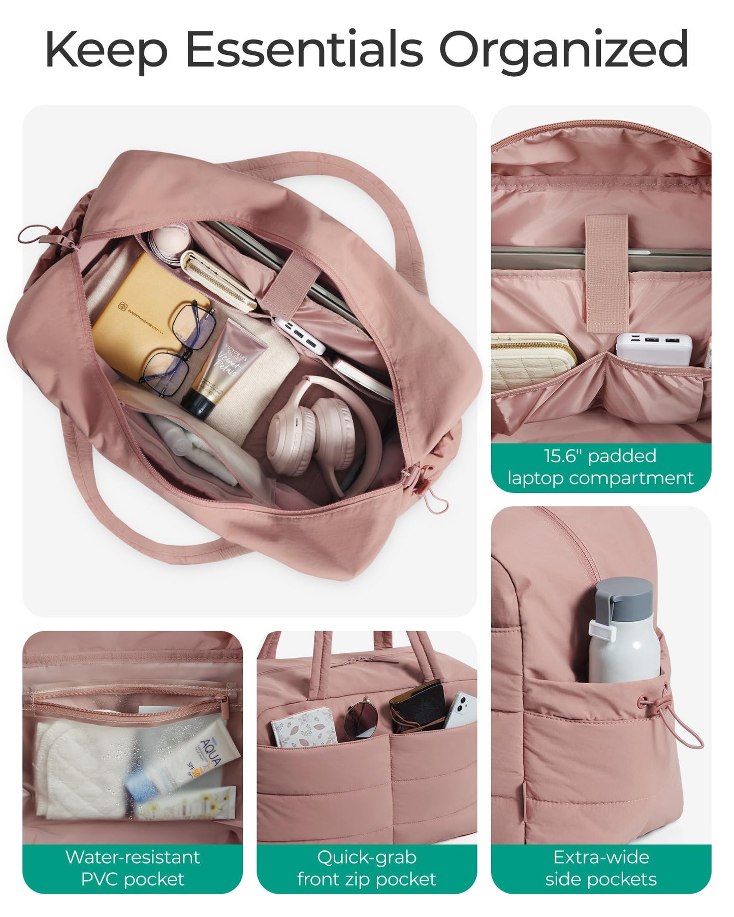 BAGSMART Gym Bag for Women, 31L Travel Duffle Bag Puffer Tote Quilted Laptop Carry on, Weekender Overnight Organizer for Travel, Water Resistant, Dark Pink