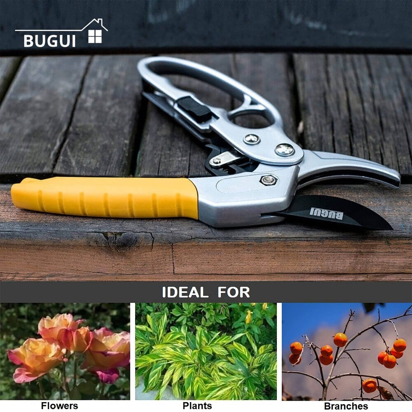 BUGUI 8" Ratchet Pruning Shears, 5 Times Cutting Power Than Normal Garden Scissors, Labor-Saving Design for Arthritis Weak Hands