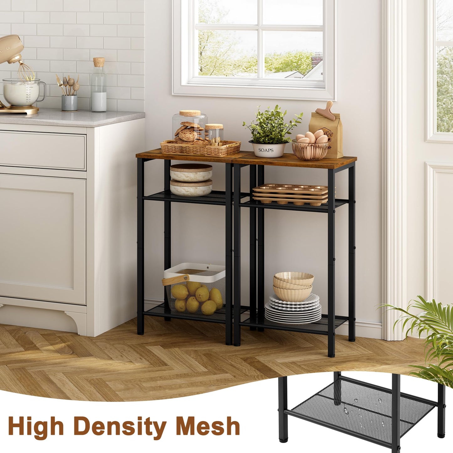 Hoctieon 3 Tier End Table, Telephone Table, Narrow Side Table with Storage, Nightstand for Small Spaces, Metal Frame, For Living Room, Bedroom, Sofa Couch, Hall, Easy Assembly, Rustic Brown