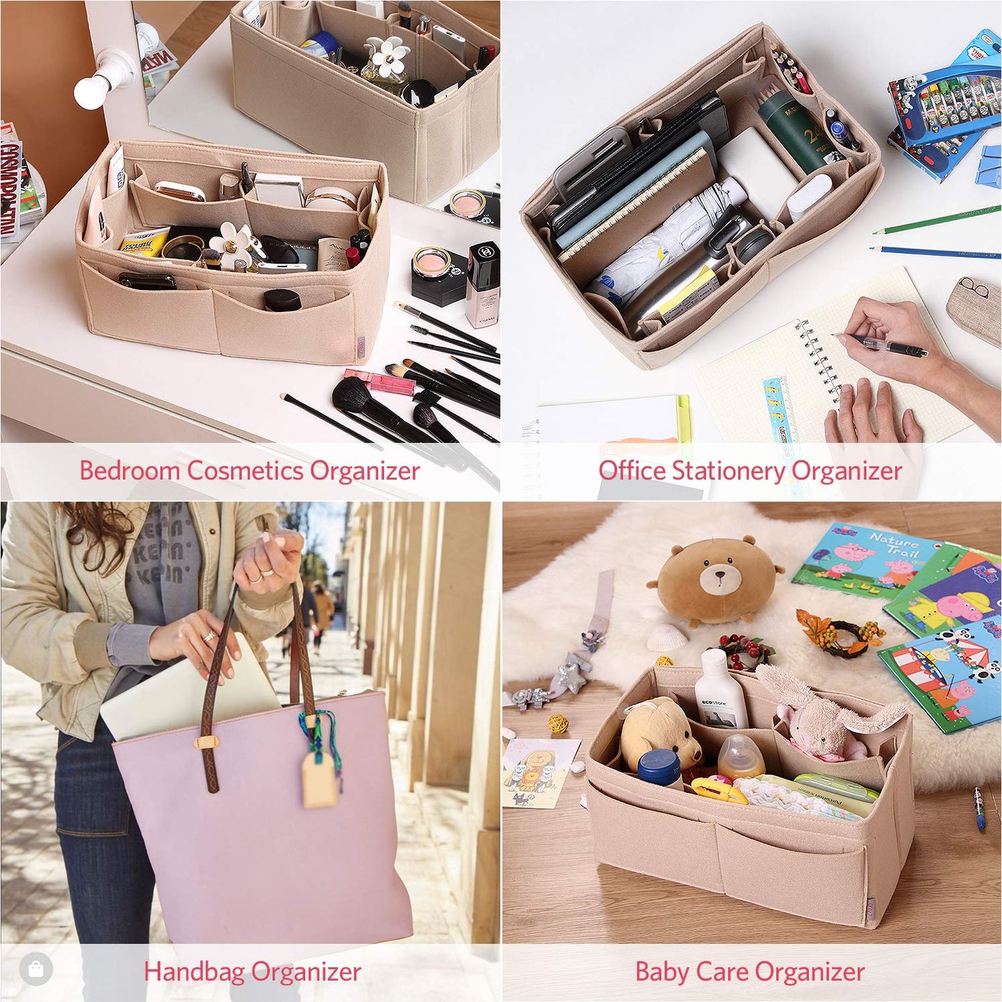 ZTUJO Felt Purse Organizer, Multi Pocket Bag in Bag Organizer For Tote & Handbag Shaper, Speedy 30, Speedy 35 and Speedy 40 (Medium, Beige)