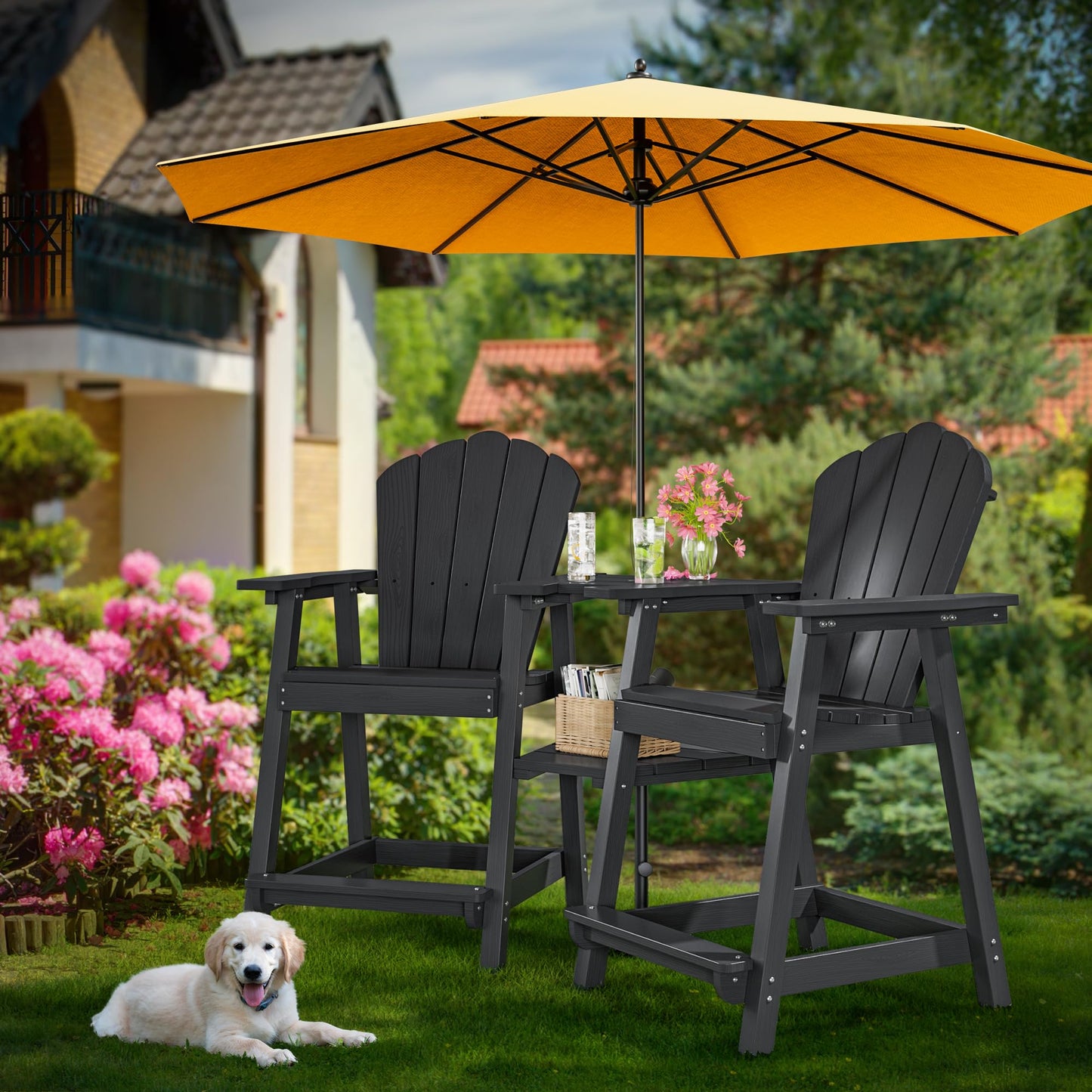 PatioPerk Tall Adirondack Chair Set of 2 with Double Connecting Tray, Recycled HDPE with Wood Grain, Weather Resistant, Outdoor Adirondack Chairs for Deck, Balcony, Patio, Backyard, Black