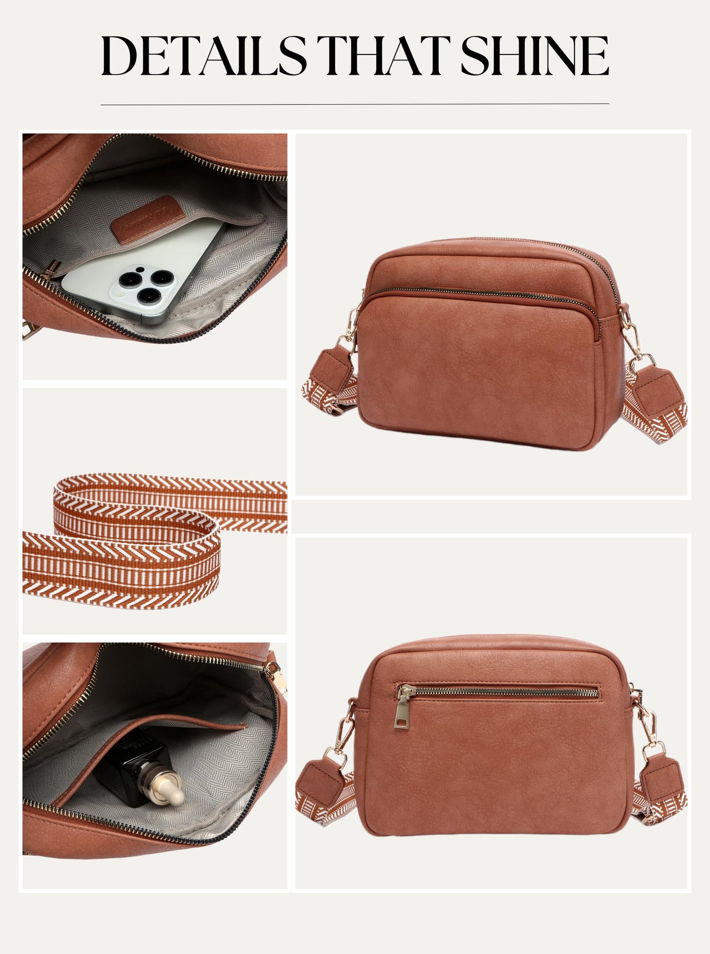 Botimmy Crossbody Bags for Women, Small Cross Body Purse Vegan Leather Triple Zip Shoulder Handbag with Adjustable Wide Strap Brown