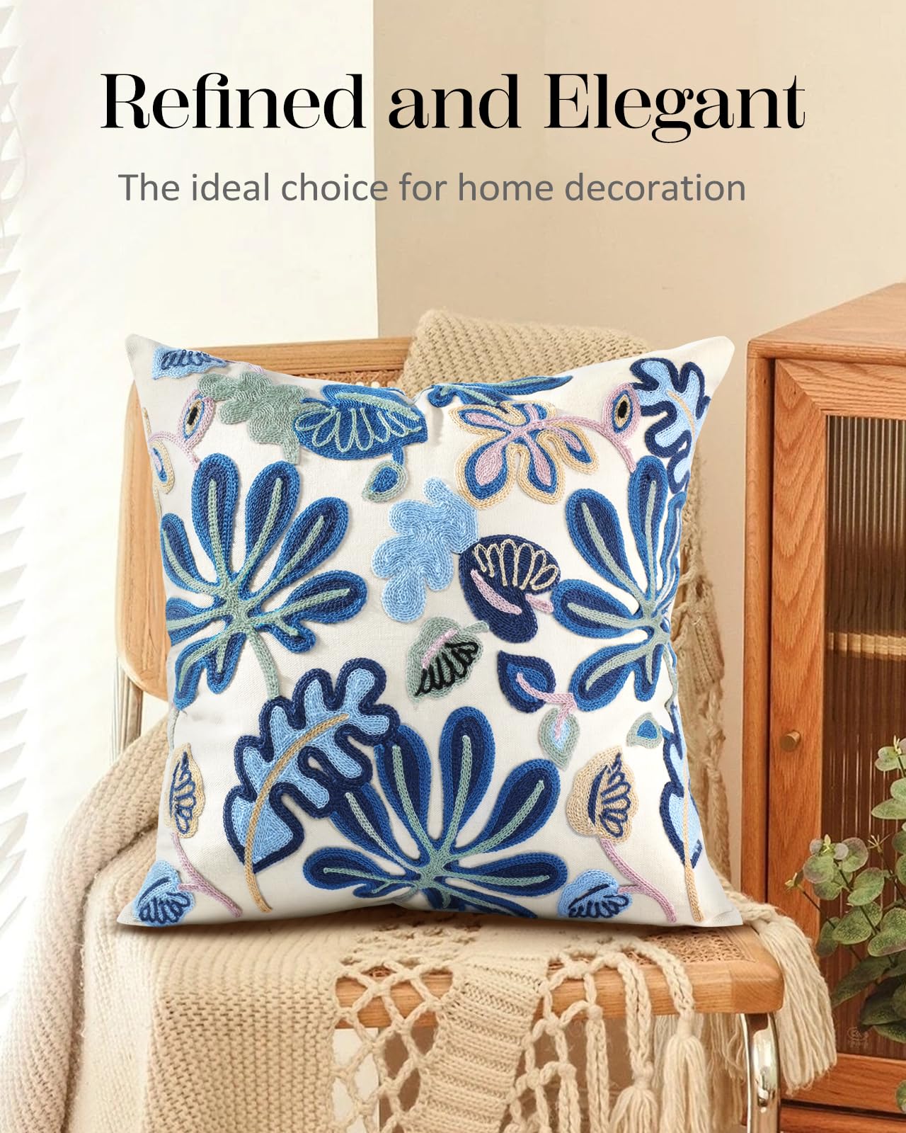 Kokaaee Embroidered Throw Pillow Cover - 18x18 inch Decorative Pillow Covers with Zipper Pillow Cover for Living Room Couch Sofa Bed Aesthetic Design Abstract Linen Cotton Pillowcase Covers