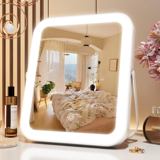 ROLOVE 10"x8" Portable Lighted Makeup Mirror with 3-Color Dimmable LED, Touch Screen Vanity Mirror for Travel or Bedroom Desk (White)