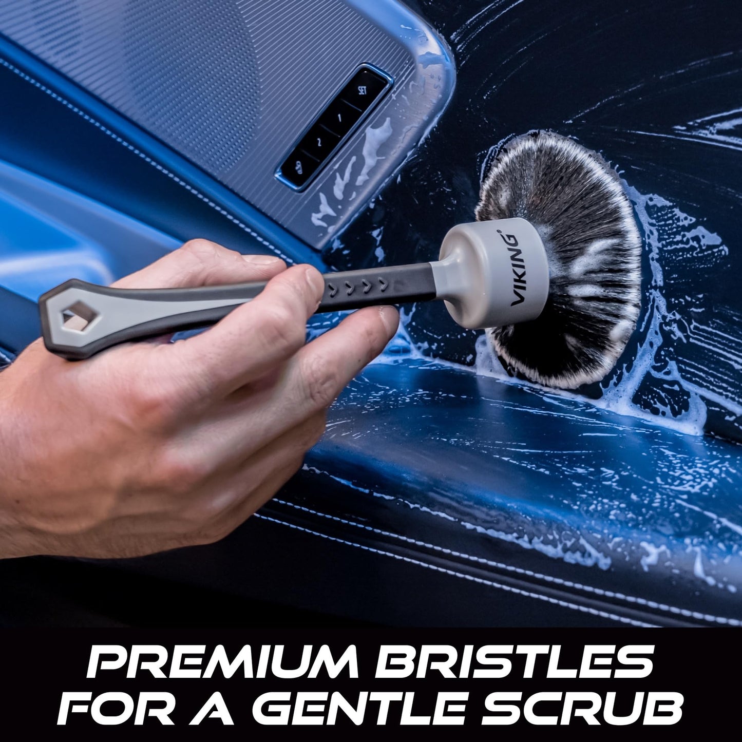 VIKING Car Detailing Brush Set for Car Cleaning Kit, Super-Soft Bristles for Interior Detail, Black/Grey, Includes Medium 1 Inch Diameter and Large 1.5 Inch Diameter Brush Heads, 2 Pack
