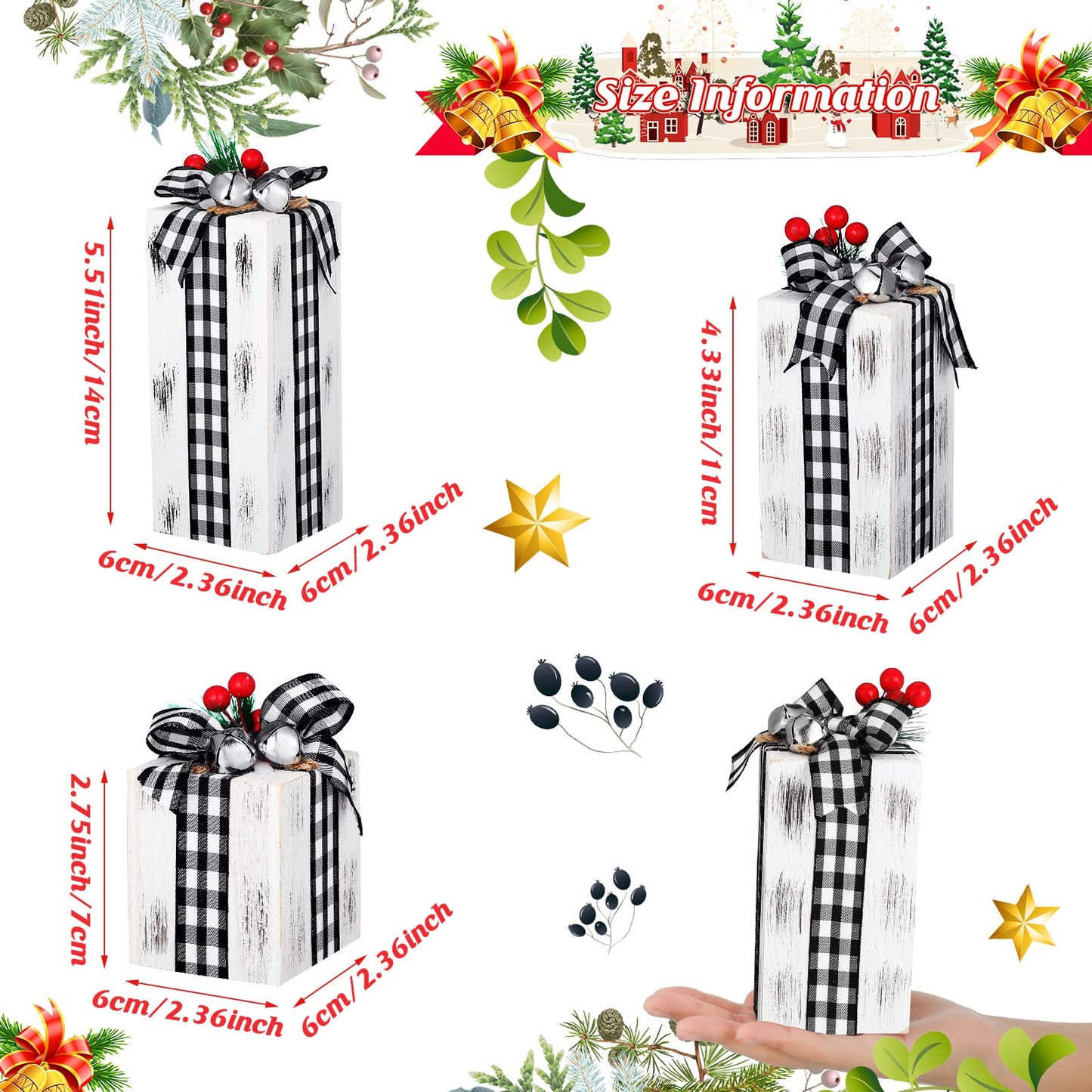 Amyhill 3 Pcs Christmas Wooden Gifts Box Decor Christmas Plaid Presents Table Centerpieces Rustic Wooden Gifts Tiered Tray Decor with Buffalo Plaid Bowknot for Xmas Party(White,Classic)