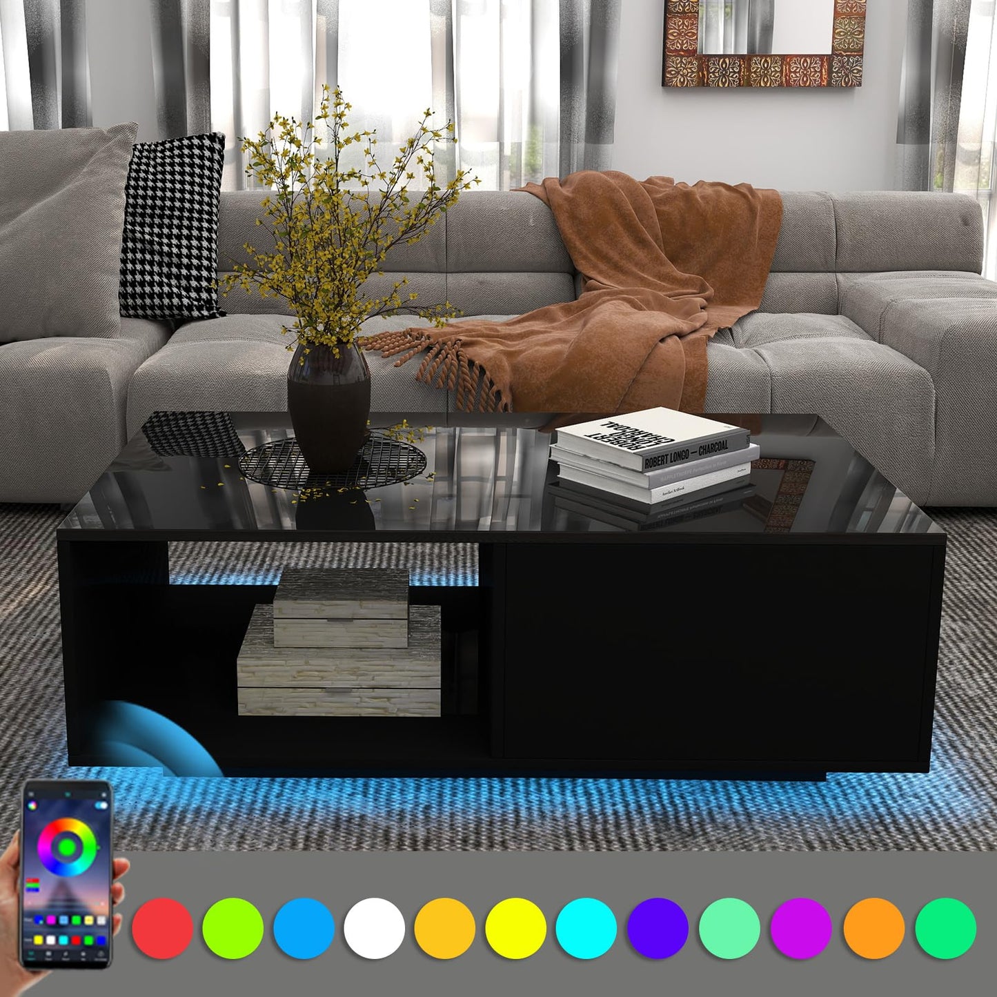 COSVALVE 43.3IN LED Black Coffee Tables for Living Room with 16 Colors LED Lights Modern Coffee Table with Storage Drawer Rectangle Center Table for Home Furniture