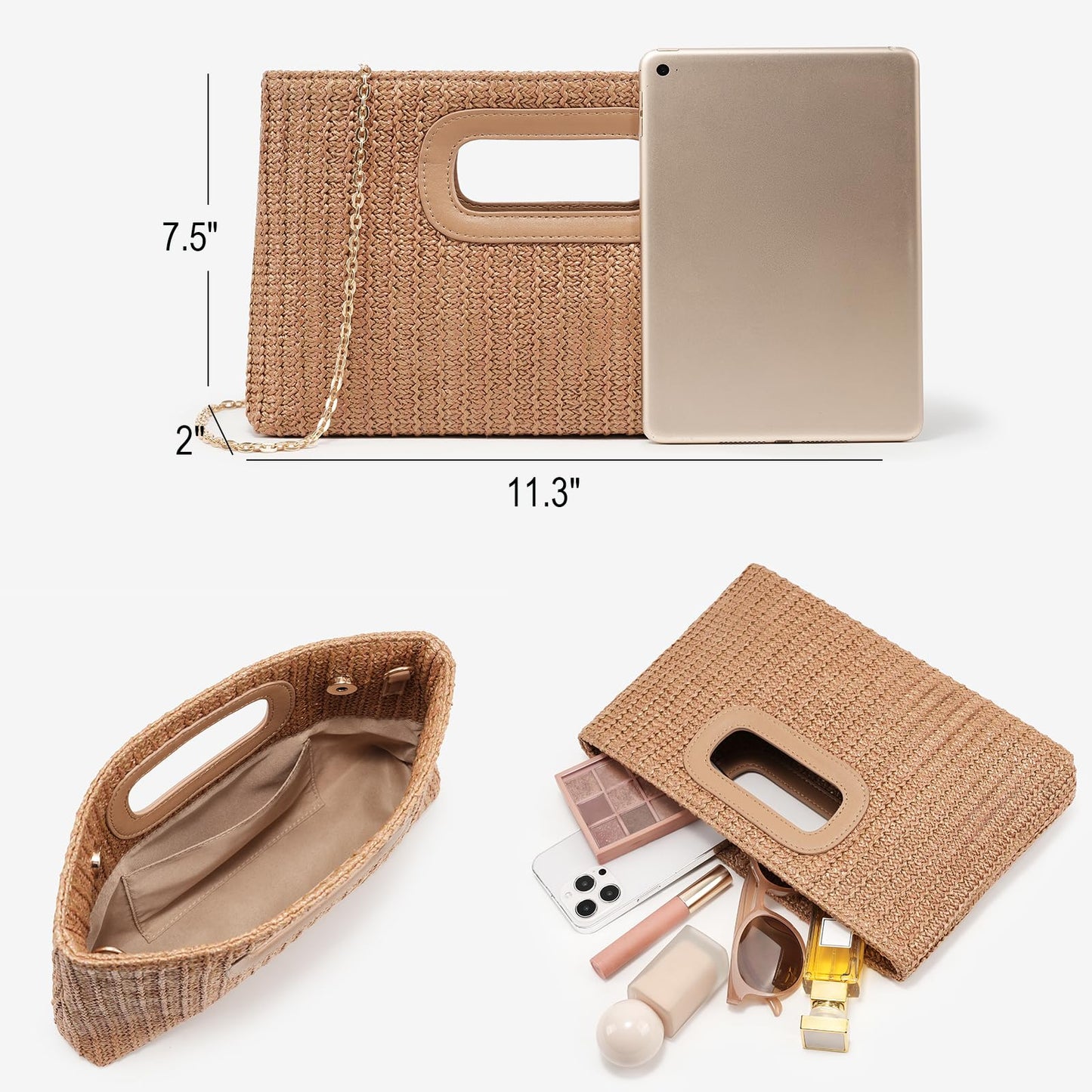 Straw Purse Top Handle Clutch Bag, Woven Beach Shoulder Crossbody Bag Raffia Handbag for Summer Vacation, Parties, Wedding, Tan