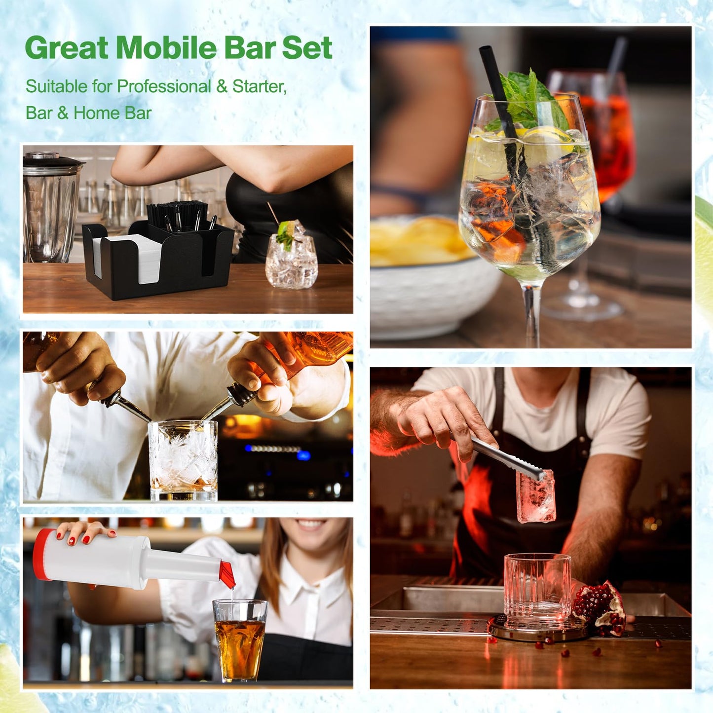 Bartending Supplies - 18" x 12" Bar Mat Garnish Tray with Lid Bar Caddy 3 Tier Bar Glass Rimmer, 2 Plastic Juice Pour Bottles 3 Mini Tongs 12 Classic Liquor Bottle Pourers 500 Cocktail Straws(Clear)