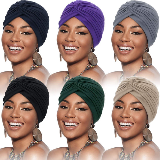 SATINIOR 6 Pieces Stretchy Beanie Turbans for Women Soft Pre Tied Knot Chemo Turban Head Wraps for Women Sleep Hats, 6 Colors