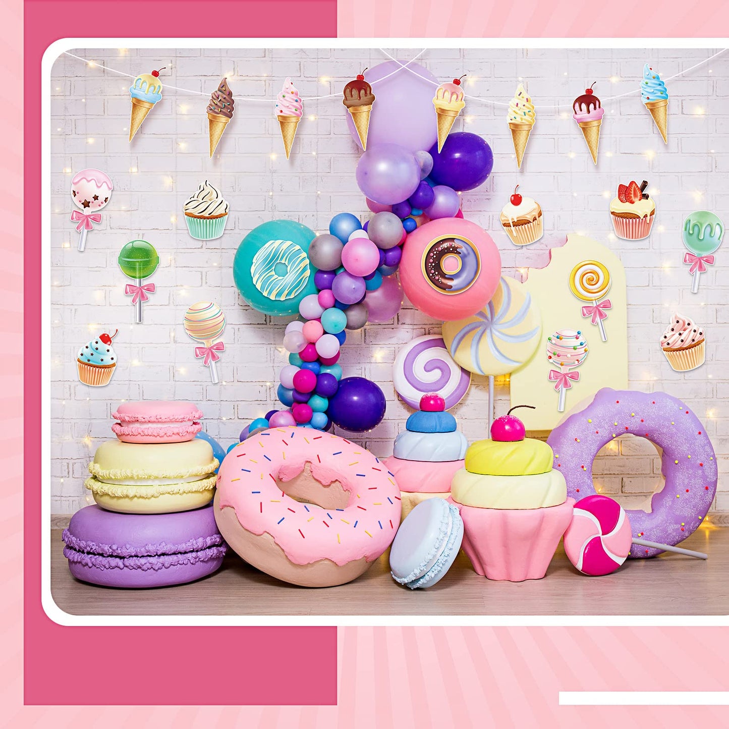 Sepamoon 32 Pcs Candy Party Decorations Summer Ice Cream Bar Supplies Includes Ice Cream Donuts, Round Lollipop and Cupcakes Cutouts for Birthday Party with Glue Point Dots for Home Room Decor