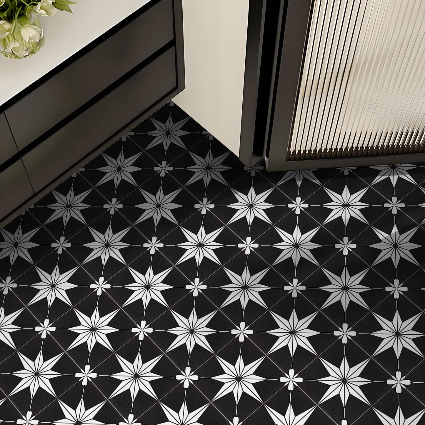 Peel and Stick Floor Tile Self Adhesive Waterproof 8" x 8" Vinyl Flooring, Removable Floor Stickers DIY for Bathrooms,Kitchen,Living Room,Black 10Pcs