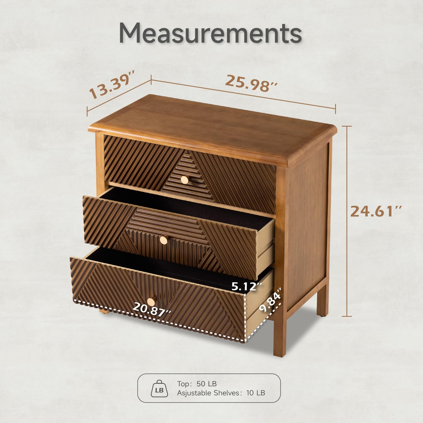 COZAYH 3 Drawer Fluted Dresser with Carved Geometric Pattern, Modern Nightstand, Side End Table for Bedroom, Accent, Carved, Alloy Handle, Fully-Assembled, Brown, Natural Wood