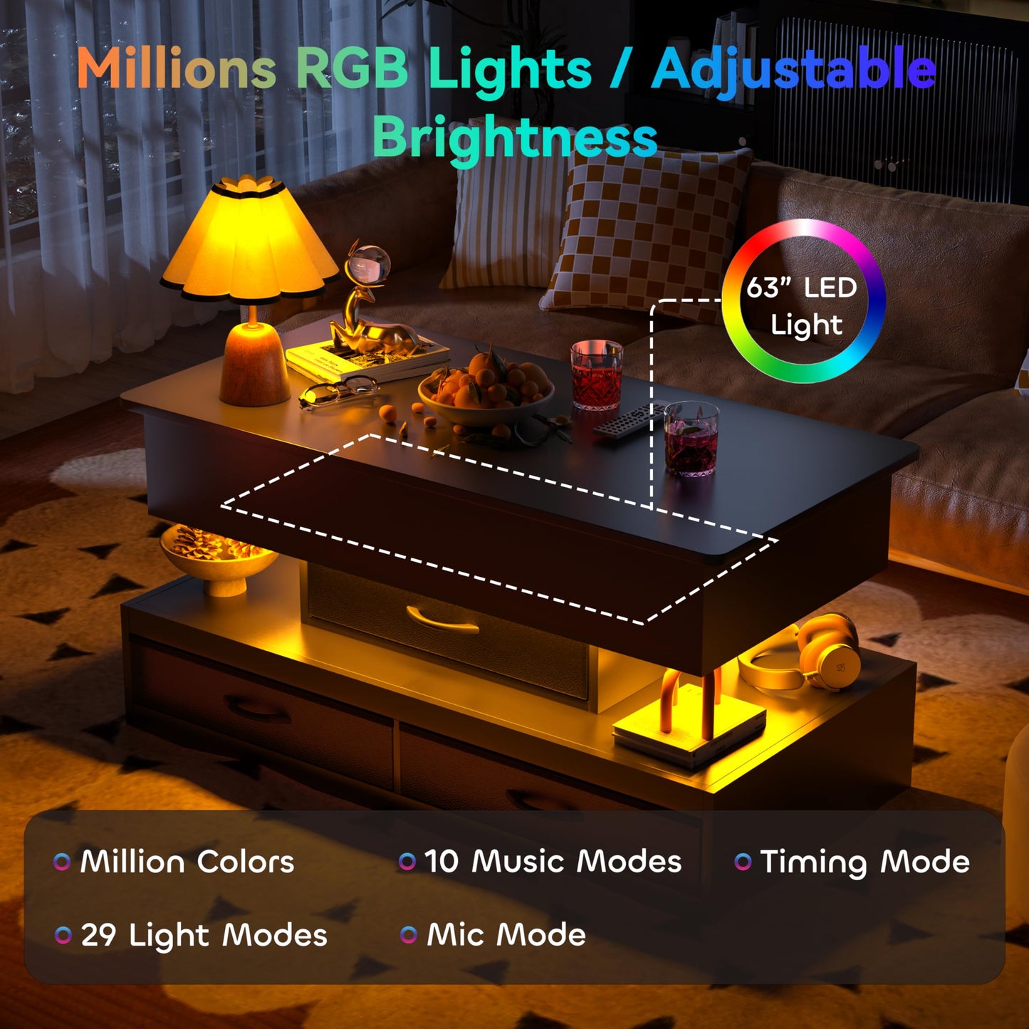 Oransail 40" Lift Top Coffee Table, Led Coffee Table with 3 Fabric Storage Drawers and Hidden Compartmen, Farmhouse Coffee Tables for Living Room