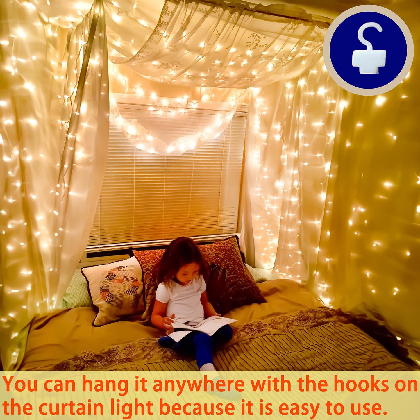 Eueasy 2 Pack Warm White 300 LED Curtain Lights, 9.8ft x 9.8ft Fairy Lights with 8 Modes, String Hanging Lights, Remote Control, Perfect for Indoor/Outdoor Christmas, Wedding, Party Wall Decorations