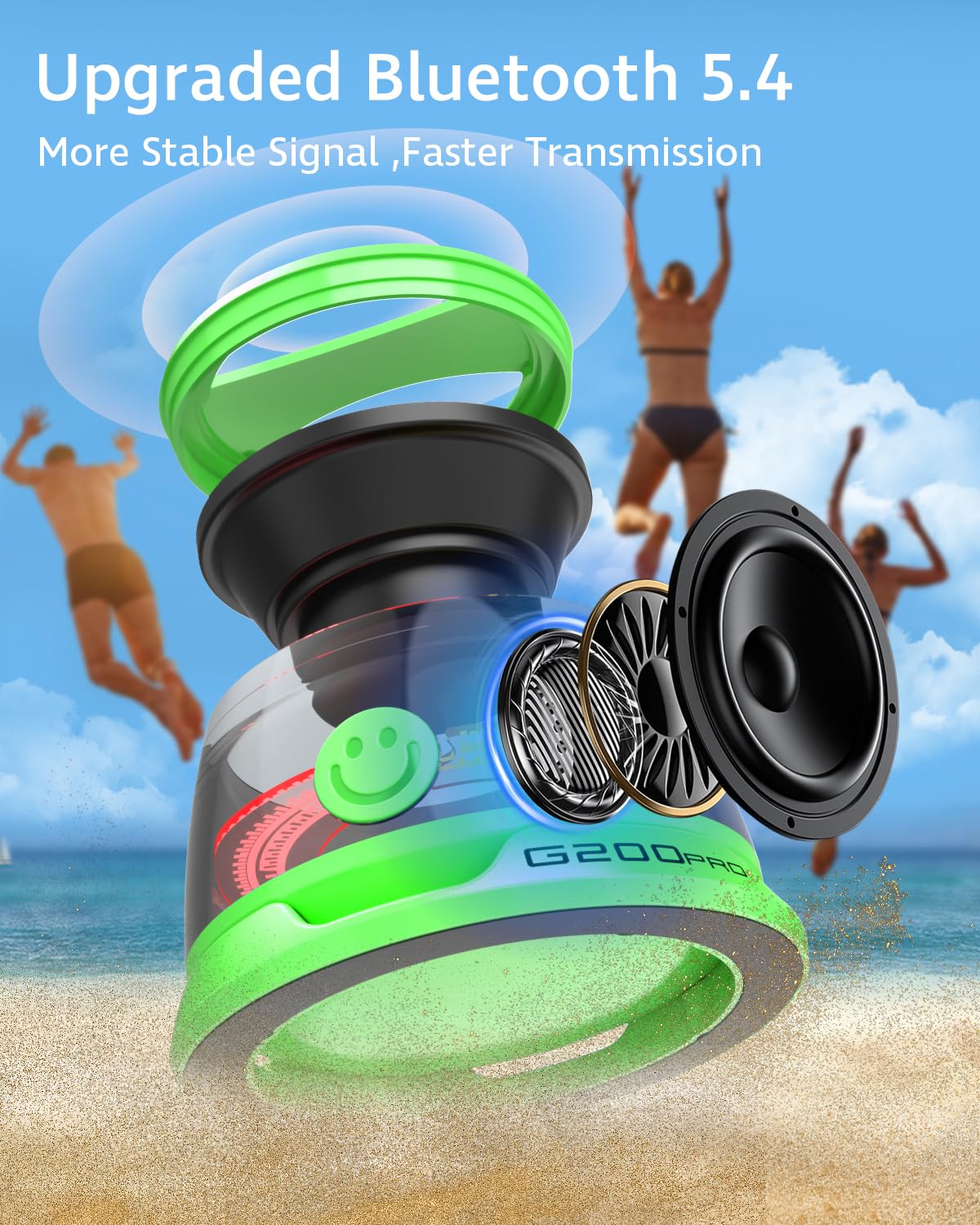 Intejoy Portable Bluetooth Speakers Wireless with RGB Light, Stereo Sound Shower Speaker Bluetooth 5.4 Version, Magnetic Mobile Phone Holder -G200Pro (Green)