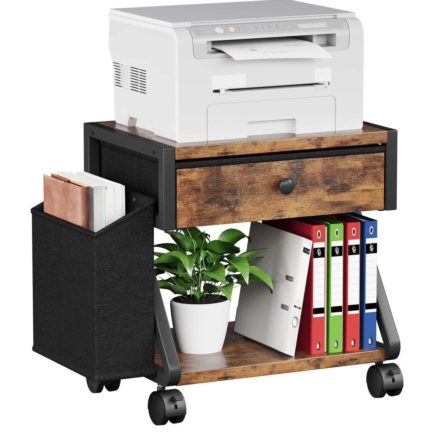 Homeiju Under Desk Printer Stand, 2-Tier Industrial Mobile Printer Table with Storage Bag and Drawer, Rolling Printer Cart Holder with Lockable Wheels for Home, Office