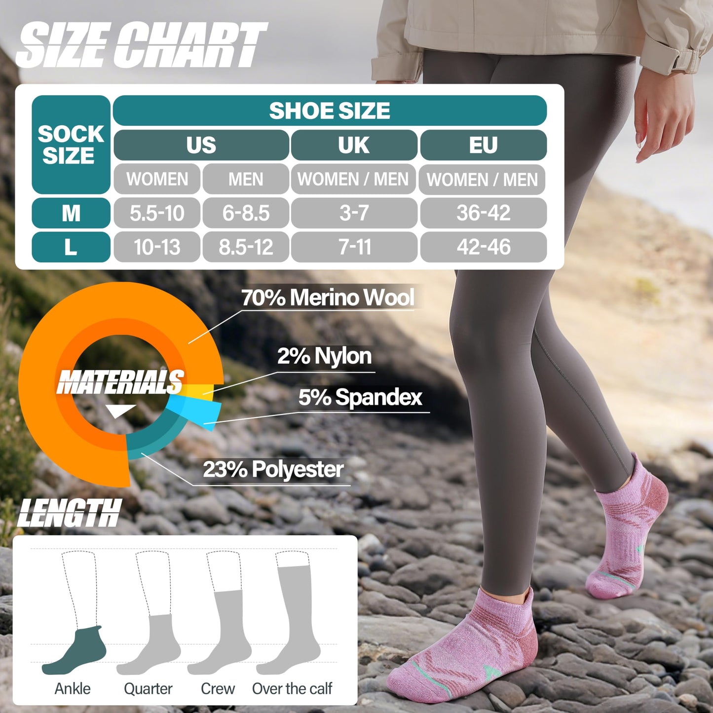 ANTSANG Merino Wool Ankle Hiking Socks Compression Warm Thermal Thick Cushion Winter Running No Show Moisture Wicking Socks Gifts Stocking Stuffers for Women Men 6 Pairs(Light Mixed,M)