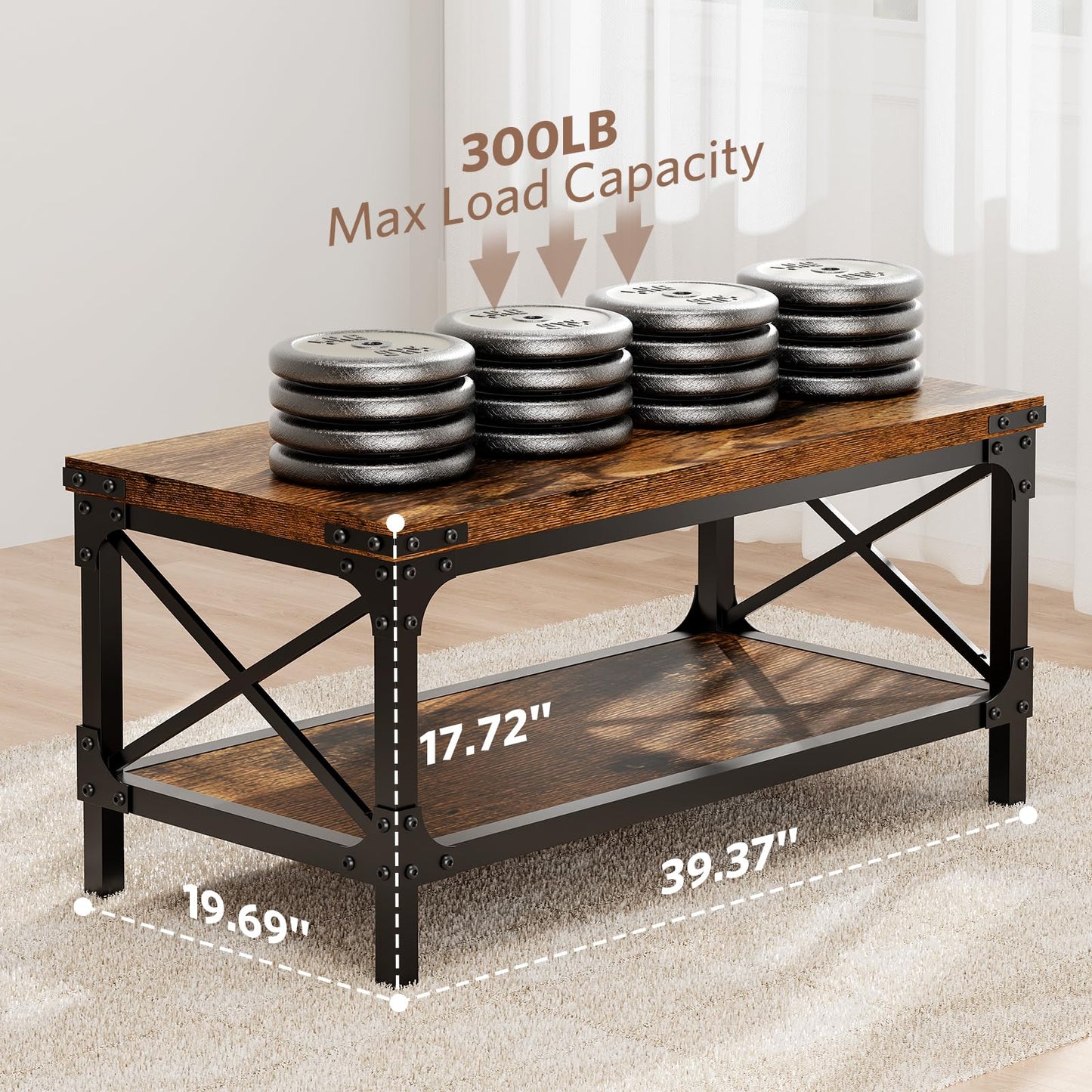 Rectangle Coffee Tables for Living Room, Wood Rectangular Coffee Table, 2 Tier Industrial Modern Center Table with Thickened Tabletop and Metal Frame, 40 inch Long (Rustic Brown)