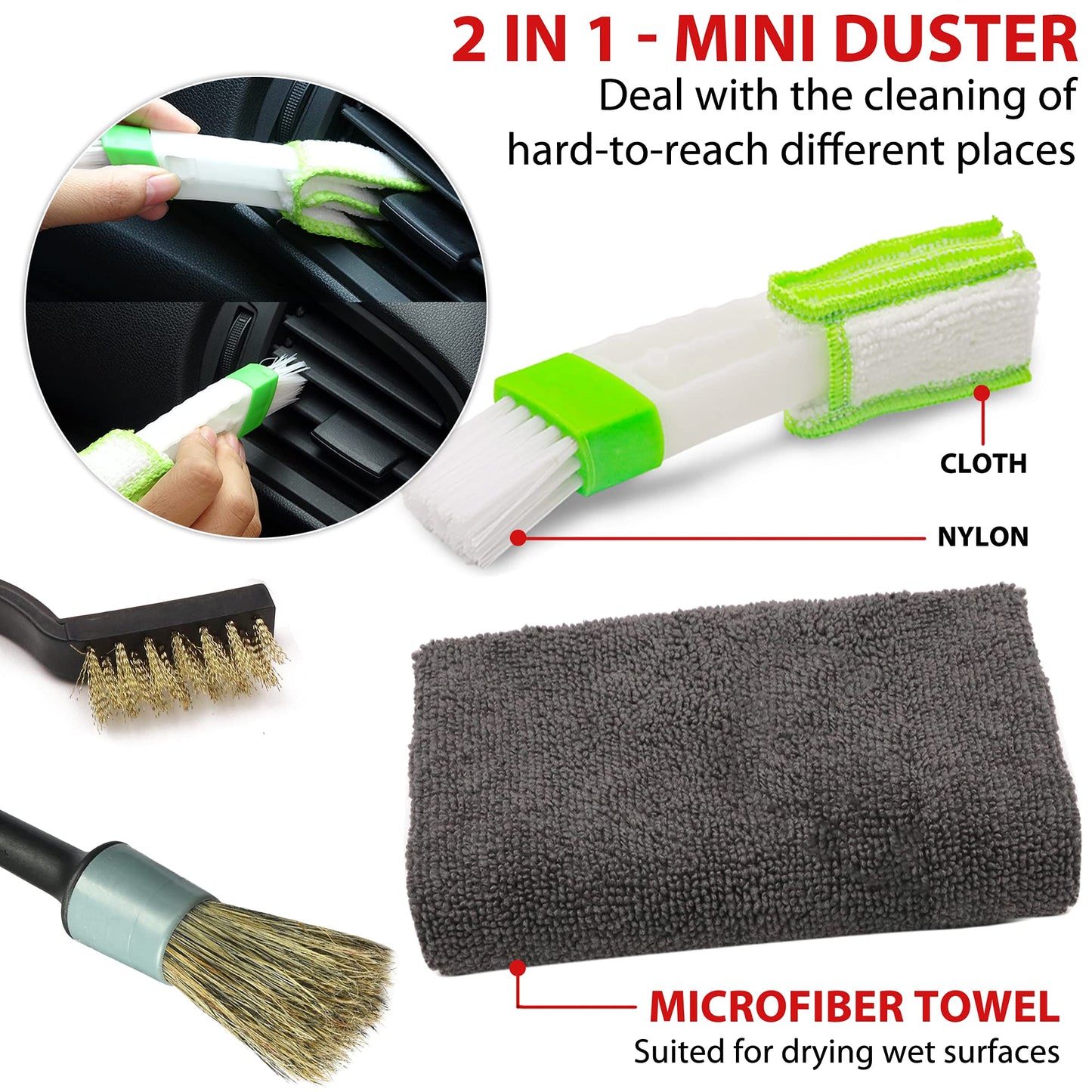 TAKAVU Complete Car Detailing Brush Kit (10 Piece) - Boar Hair Detail, Wire & Vent Brushes with Microfiber Towel for Wheels, Interior, Engine Bay Cleaning