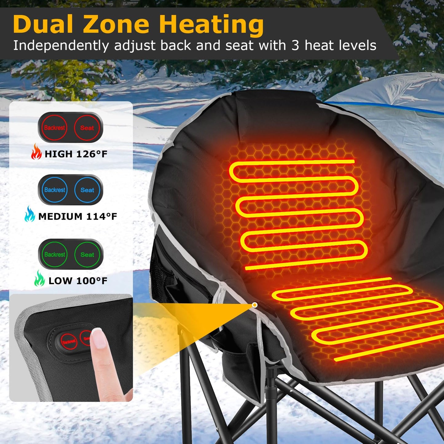 ZENPETIO Heated Camping Chair, Oversized Heated Chair for Adults Outdoor Sports, Dual Heating Zones with 3 Levels, Portable Folding Heated Chairs for Camp, Sports, Lawn with 20000mAh Battery