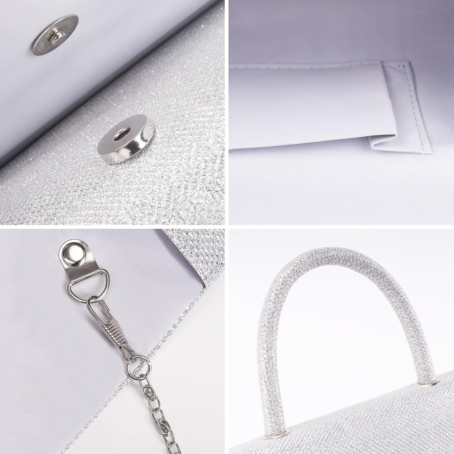 Larcenciel Women's Evening Handbags, Glitter Top Handle Evening Purse w/Chain, Silver Ladies Sequins Shoulder Crossbody Bag, Chic Guest Clutch for Party Prom Wedding Cocktail Club Dating,7.9x2.2x5.3in