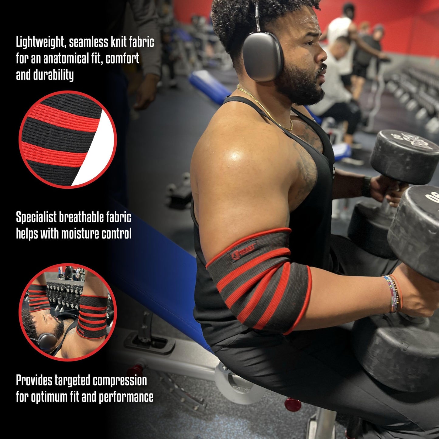 Elbow Sleeve (Pair) Dual-Ply Elbow Support & Compression for Powerlifting Weightlifting Heavy Bench Press Men & Women (Black/Red, Large)