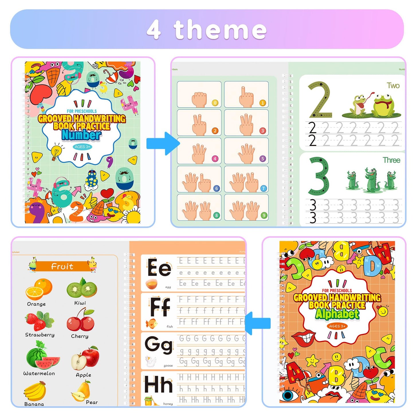 Magic Practice Copybook, Reusable Writing Practice Book, for Preschool Kids Age 3-8 Calligraphy (4 Books with Pens)