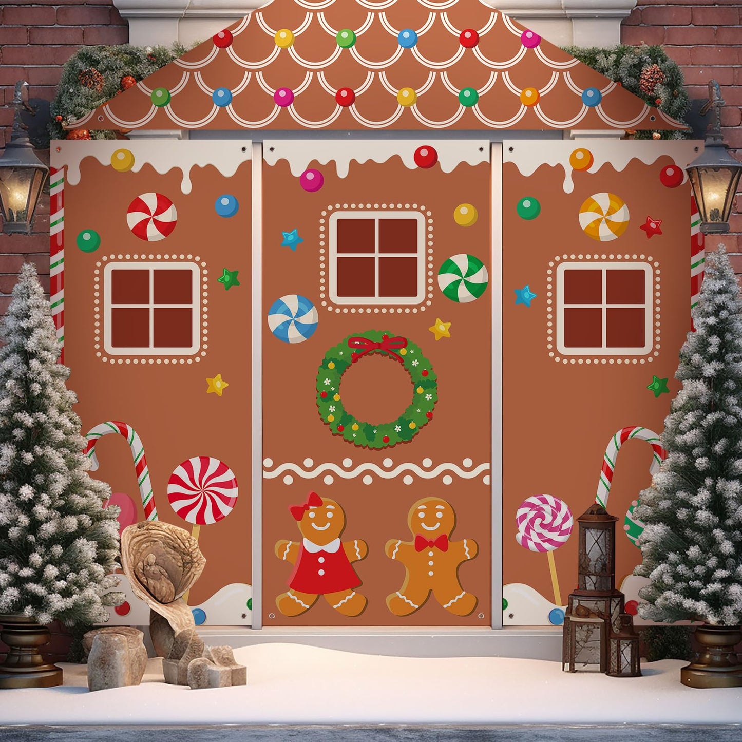 Vitalcozy 4 Pcs Summer Christmas Gingerbread Door Decorations Xmas Gingerbread House Candy Door Covers Backdrop Christmas Hanging Banner Porch Sign for Holiday Classroom Office Home Party Decor
