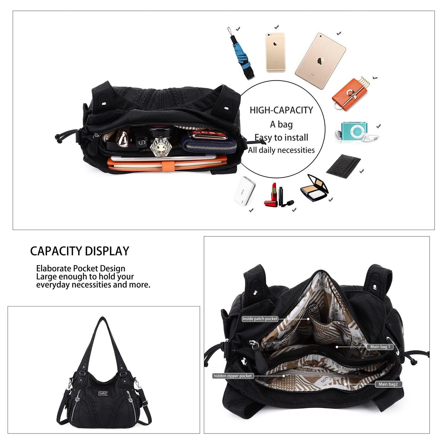 Purses and Handbags Women Fashion Tote Bag Shoulder Bags Top Handle Satchel Purses Washed Synthetic Leather Handbag 1-2#black 13.8 * 4.7 * 11.8 inches