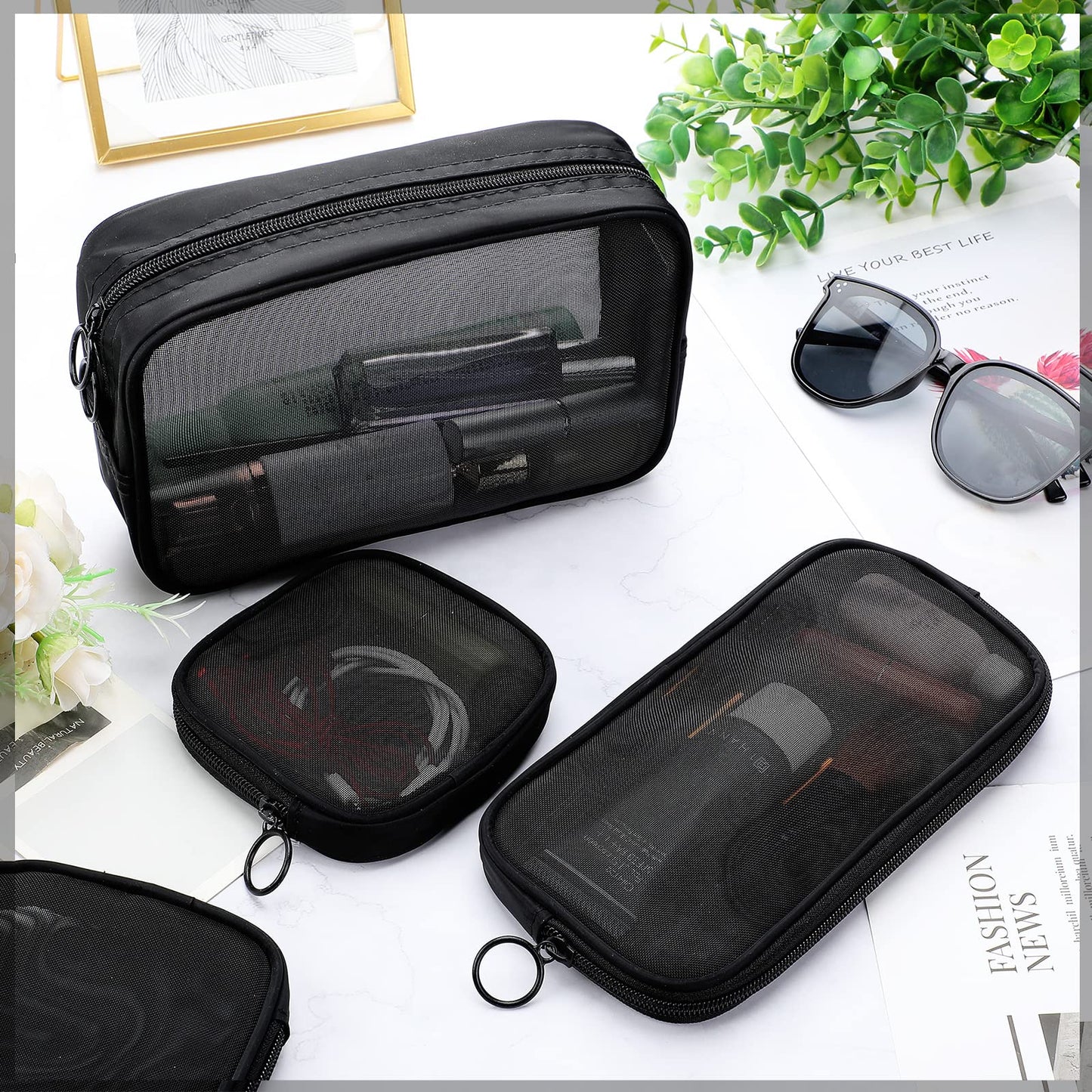Weewooday 4 Pcs Mesh Makeup Bag Mesh Cosmetic Bag Travel Toiletry Pouch with Zipper Mini Makeup Cosmetic Purse for Daily Accessory(Small, Large, Medium,Black)