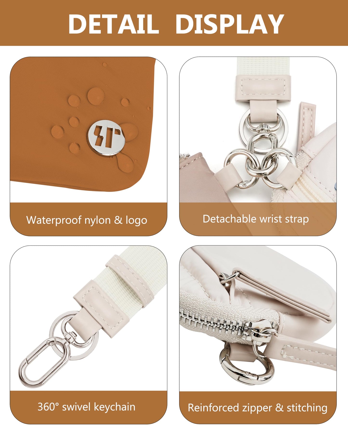 Sunpour Nylon Wristlet Wallet with Keychain for Women,Dual Pouch Small Wallet with Coin Purse & ID Window,Stylish Gift for Travel & Everyday Use (Beige＆Brown)