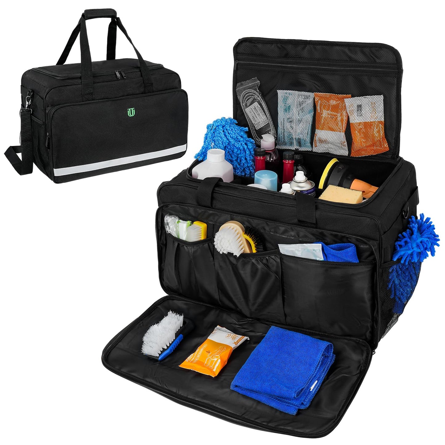 Large Car Detailing Bag, Cleaning Caddy for Auto Detailing Supplies, Car Cleaning Storage Trunk Organizer for Polisher and Vehicle Wash Tools, Black