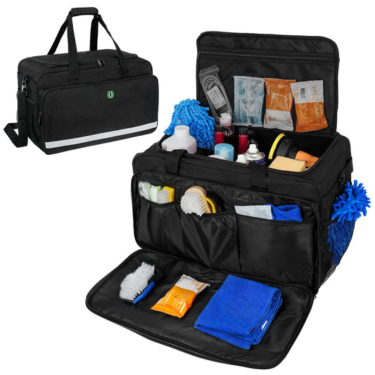 Large Car Detailing Bag, Cleaning Caddy for Auto Detailing Supplies, Car Cleaning Storage Trunk Organizer for Polisher and Vehicle Wash Tools, Black