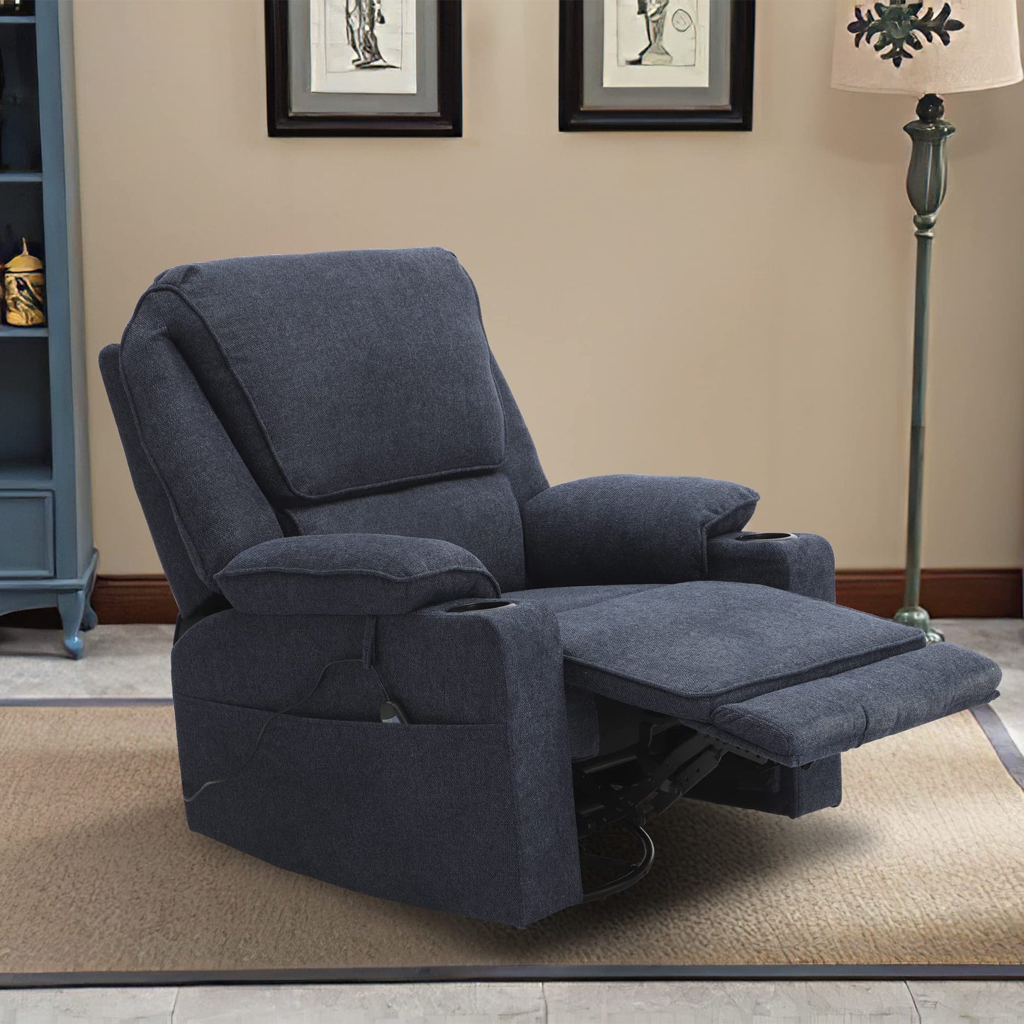 LOUVIXA Swivel Glider Recliner Chair for Adults,Manual Recliner with Massage and Heat, Linen Cotton Fabric Ergonomic Lounge Chair with Cup Holder for Living Room, Bedroom, Nursery (Navy Blue)
