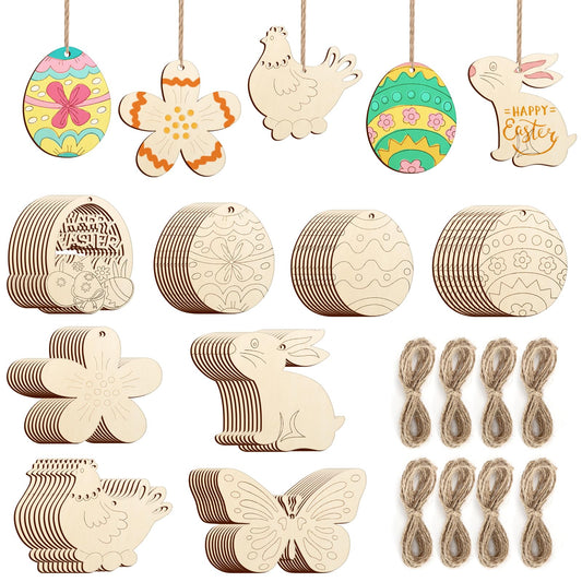 80PCS Wooden Spring Ornaments to Paint, 8 Styles DIY Blank Unfinished Wood Cutouts Ornament for Home Crafts Hanging Decorations, Insect Dragonfly Butterfly Snail Watering Can Mushroom Flower Shape