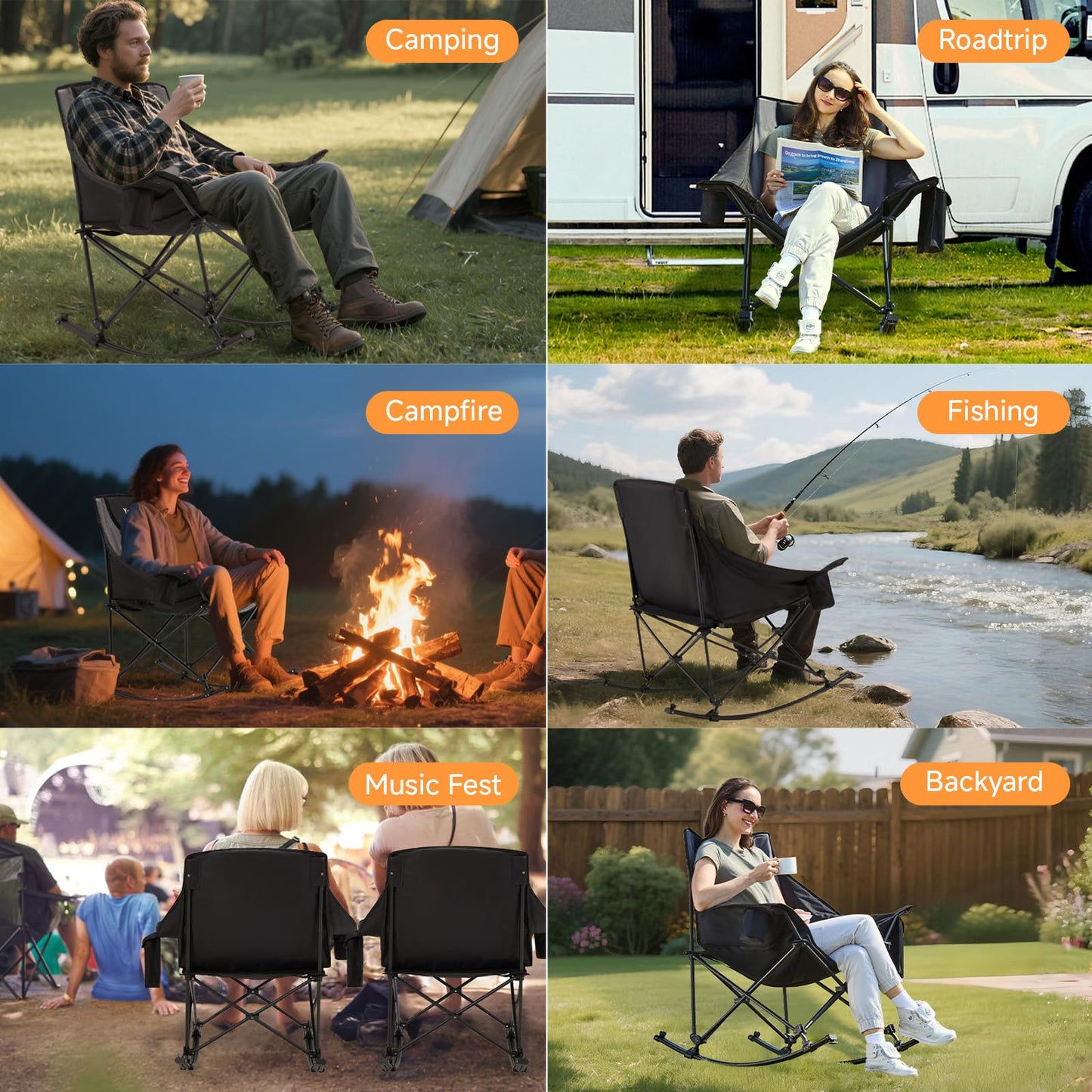 Youtanic Oversized Folding Rocking Camping Chair, Padded Portable Rocking Chair with Pockets, Cup Holder and Carry Bag, Heavy Duty Outdoor Rocker Patio Chair for Garden, Lawn, Yard, Up to 400lbs, Gray