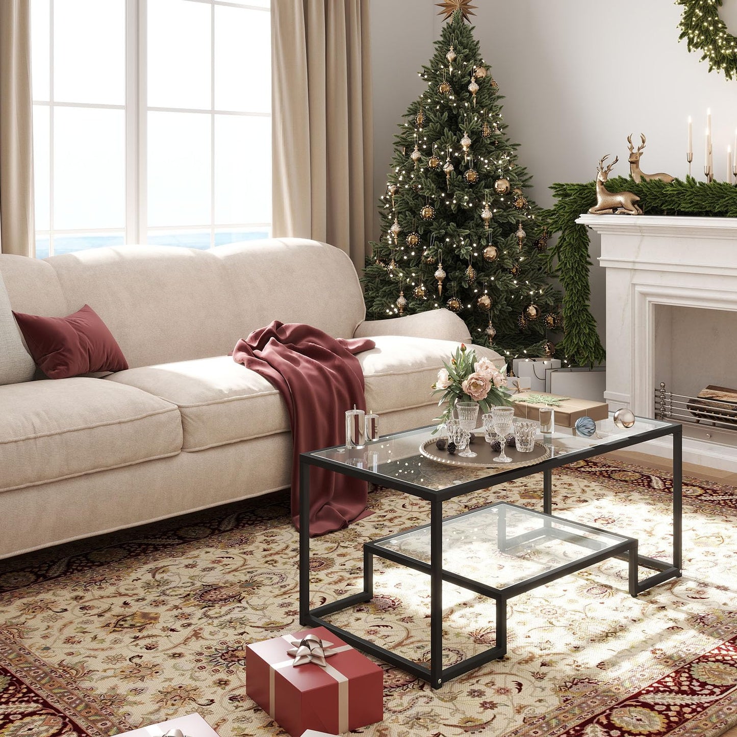 Kebynti 42" Rectangular Glass Coffee Table for Living Room, 2-Tier Center Tea Table with Metal Frame for Small Space, Apartment, Office (Black)