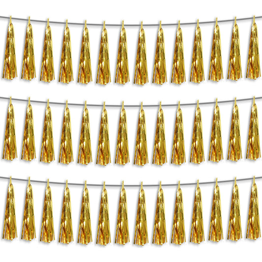 3P Gold Foil Fringe Metallic Tassel Streamers Banner Tassel Garland for Parade Floats, Bachelorette, Wedding, Birthday, Halloween, Christmas, Bridal/Baby Shower Party Decorations