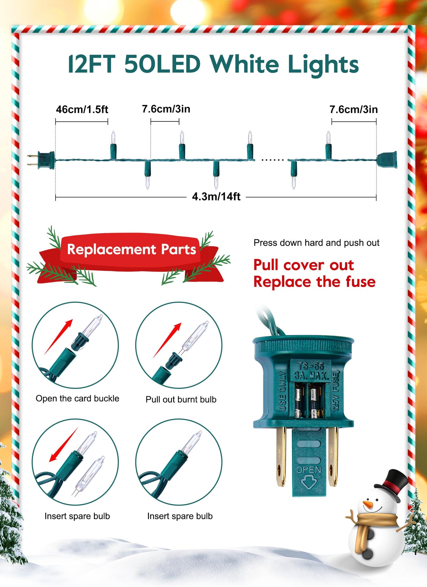 Clear Christmas String Lights 50 Count 12 Feet Incandescent Bulb Mini Lights for Indoor Xmas Tree Garland Birthday Wedding Party Festival Decoration, Green Wire